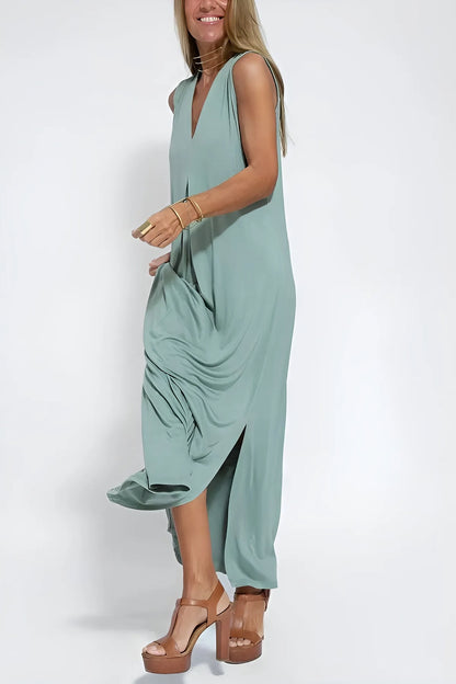 CAMILA – Vestido largo de talla grande sin mangas con escote en V