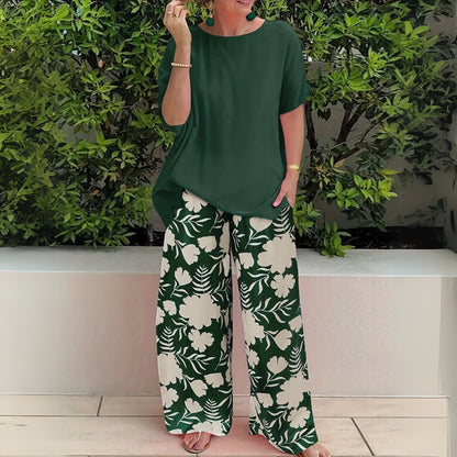 VANESSA – Conjunto de dos piezas de talla grande con top relajado y pantalones de pierna ancha con estampado floral