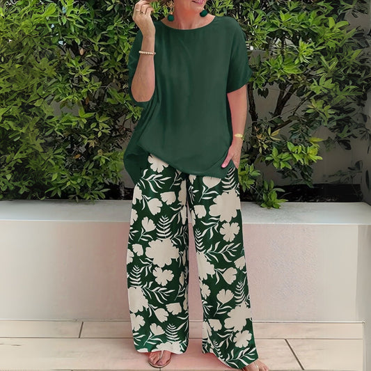 VANESSA – Conjunto de dos piezas de talla grande con top relajado y pantalones de pierna ancha con estampado floral