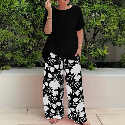 VANESSA – Conjunto de dos piezas de talla grande con top relajado y pantalones de pierna ancha con estampado floral