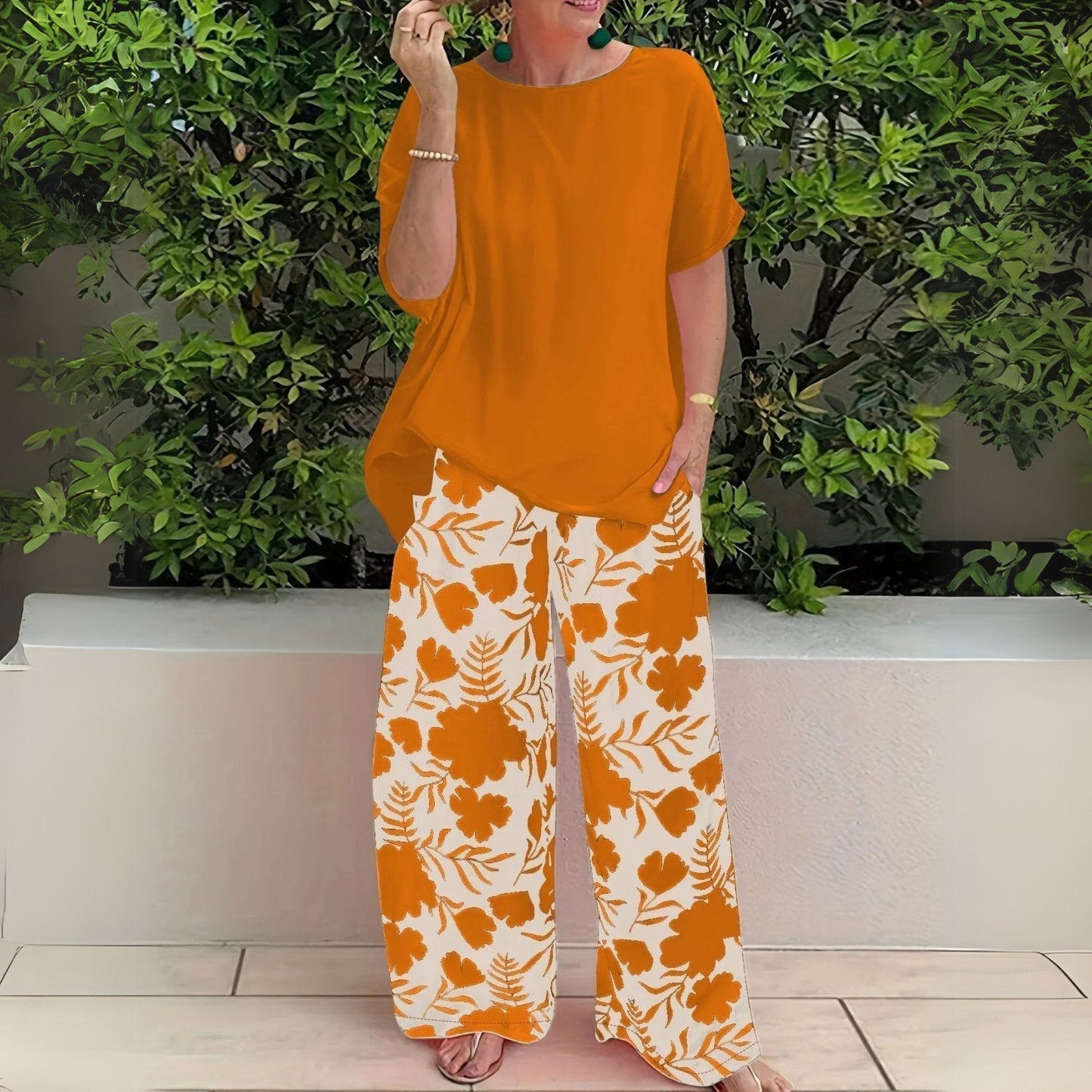 VANESSA – Conjunto de dos piezas de talla grande con top relajado y pantalones de pierna ancha con estampado floral