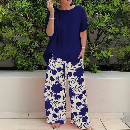 VANESSA – Conjunto de dos piezas de talla grande con top relajado y pantalones de pierna ancha con estampado floral