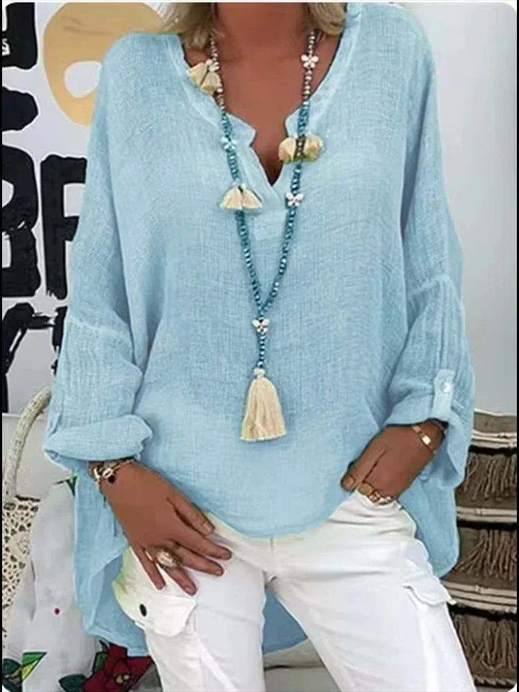 ALEJANDRA – Blusa fluida de talla grande con escote en V y mangas largas