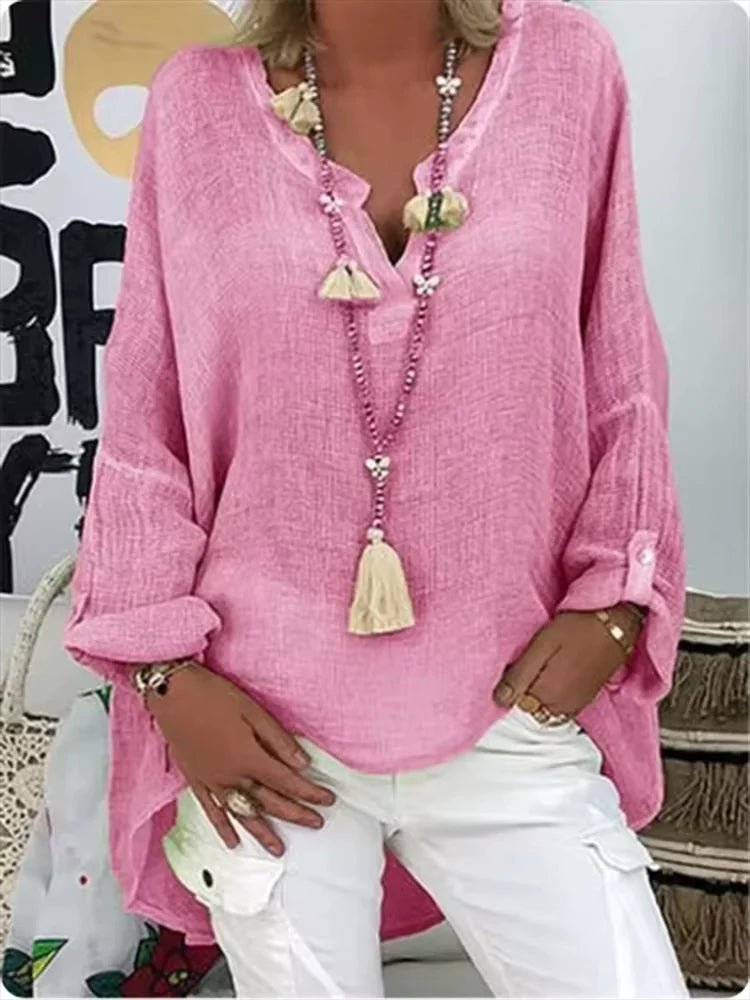 ALEJANDRA – Blusa fluida de talla grande con escote en V y mangas largas
