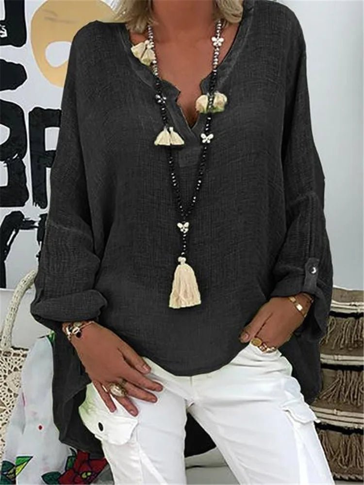 ALEJANDRA – Blusa fluida de talla grande con escote en V y mangas largas