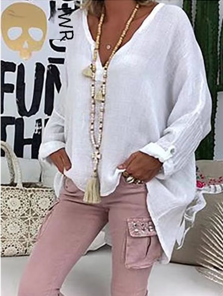 ALEJANDRA – Blusa fluida de talla grande con escote en V y mangas largas