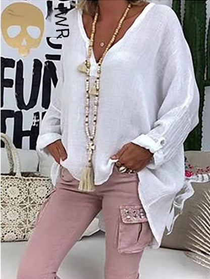 ALEJANDRA – Blusa fluida de talla grande con escote en V y mangas largas