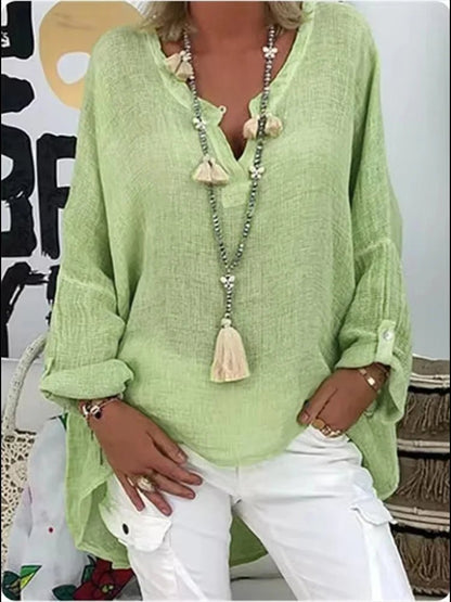 ALEJANDRA – Blusa fluida de talla grande con escote en V y mangas largas