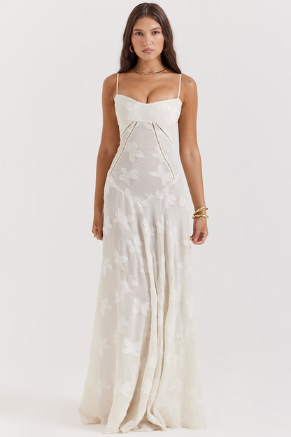 Maribel – Vestido largo de gala sin tirantes con bordado floral y línea A para mujer