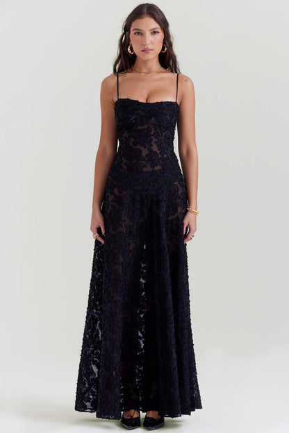 Maribel – Vestido largo de gala sin tirantes con bordado floral y línea A para mujer