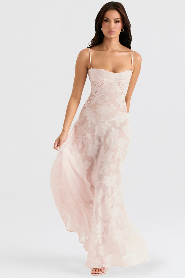 Maribel – Vestido largo de gala sin tirantes con bordado floral y línea A para mujer