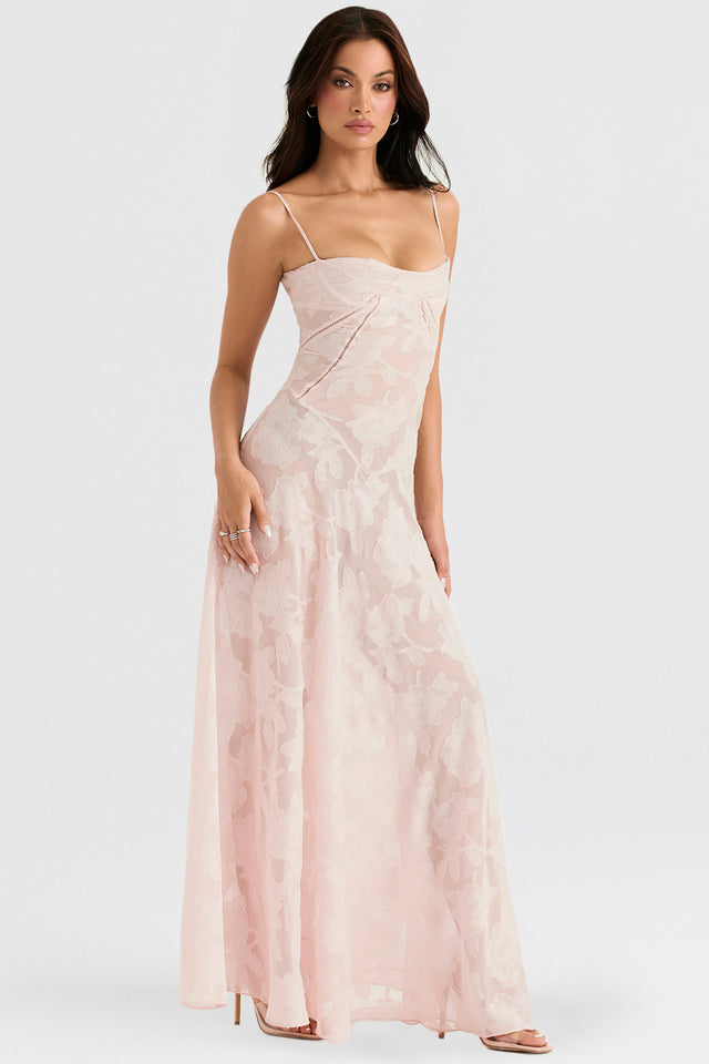 Maribel – Vestido largo de gala sin tirantes con bordado floral y línea A para mujer