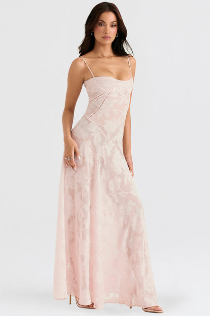 Maribel – Vestido largo de gala sin tirantes con bordado floral y línea A para mujer