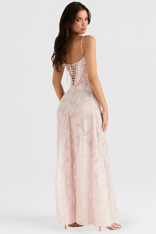 Maribel – Vestido largo de gala sin tirantes con bordado floral y línea A para mujer