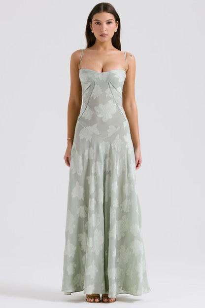 Maribel – Vestido largo de gala sin tirantes con bordado floral y línea A para mujer