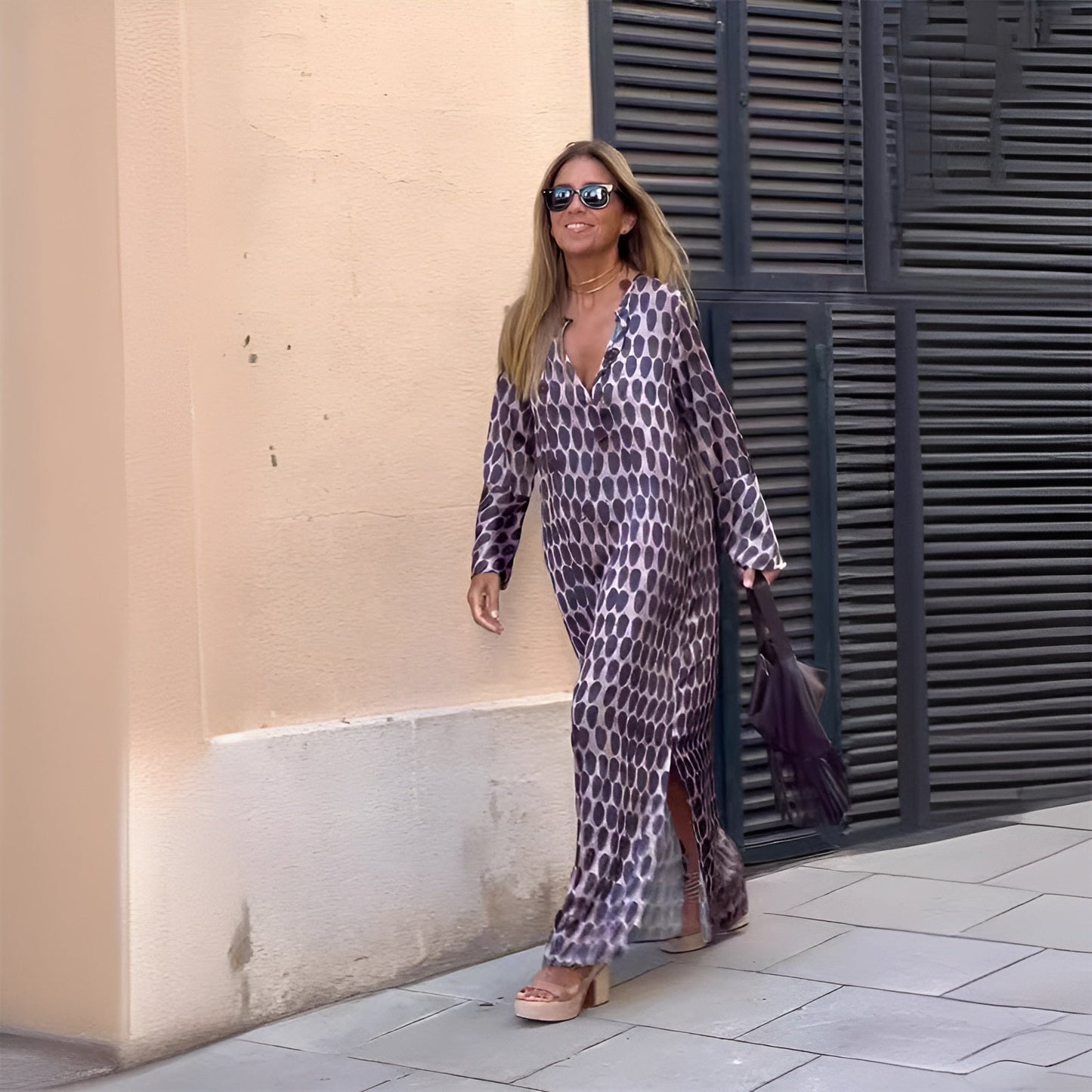 Elaria – Vestido largo bohemio estampado con mangas largas para mujer