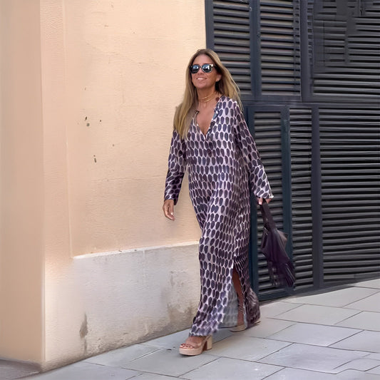 Elaria – Vestido largo bohemio estampado con mangas largas para mujer