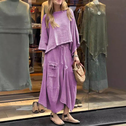 Conjunto femenino de dos piezas cómodo y elegante con top suelto y falda midi – ELIANNE