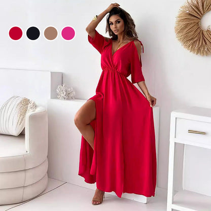 Vestido largo elegante con escote profundo en V y abertura lateral – VIRELLA