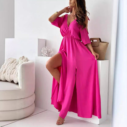 Vestido largo elegante con escote profundo en V y abertura lateral – VIRELLA