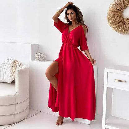 Vestido largo elegante con escote profundo en V y abertura lateral – VIRELLA