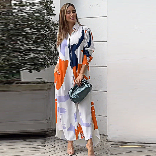 Vestido largo con estampado elegante y mangas flotantes – ISABELLE