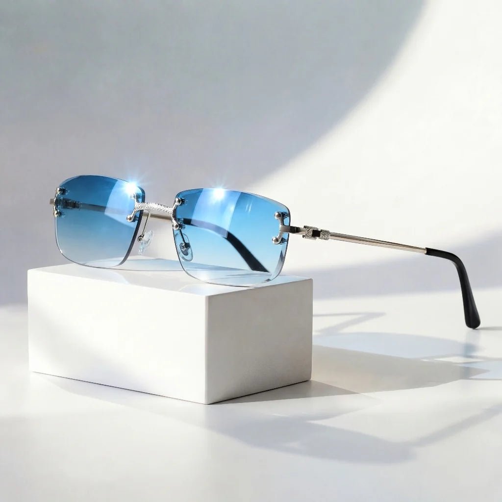 MAXIMO – Gafas de sol sin montura con varillas metálicas doradas y lentes degradados con protección UV400