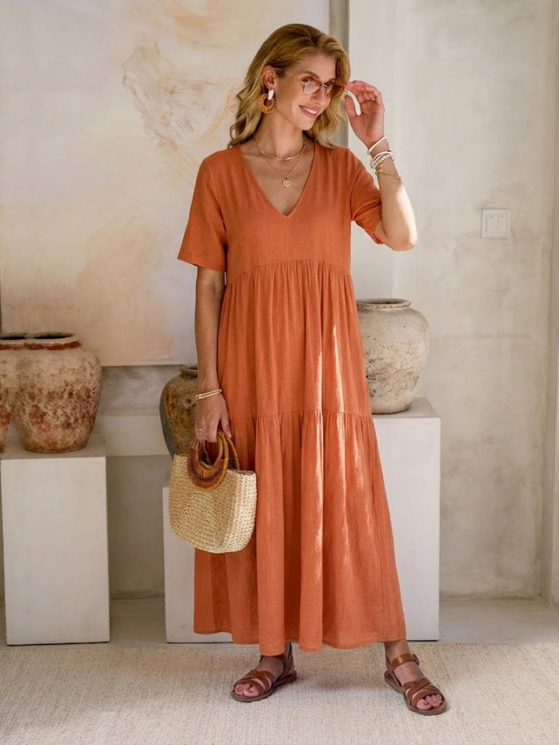 Althea – Vestido largo bohemio con escote en V y capas para mujer