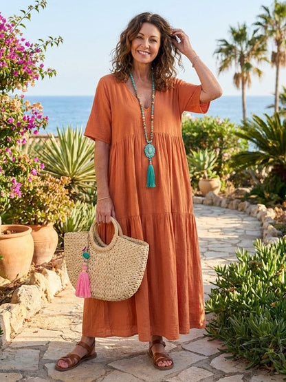 Althea – Vestido largo bohemio con escote en V y capas para mujer
