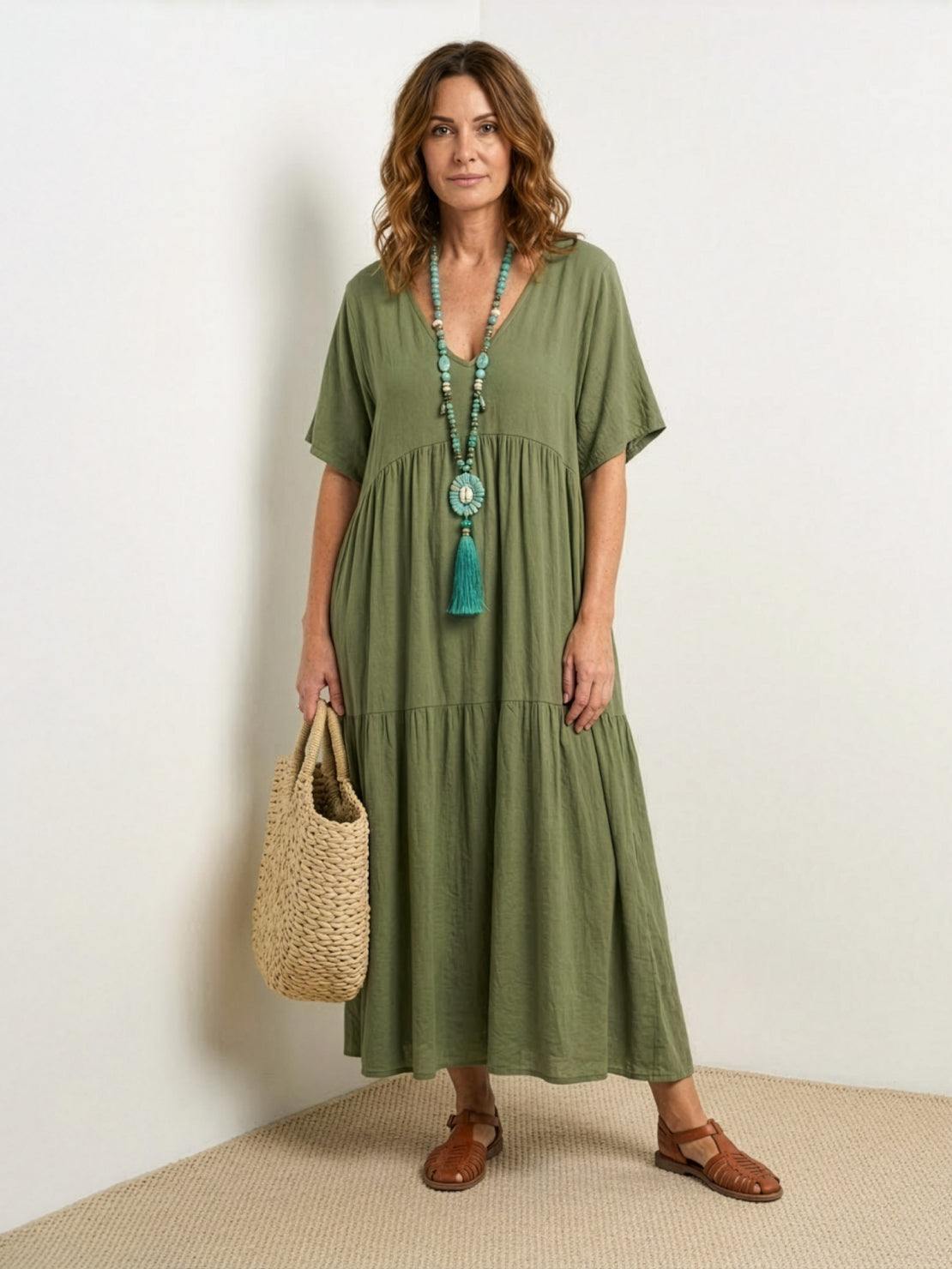 Althea – Vestido largo bohemio con escote en V y capas para mujer