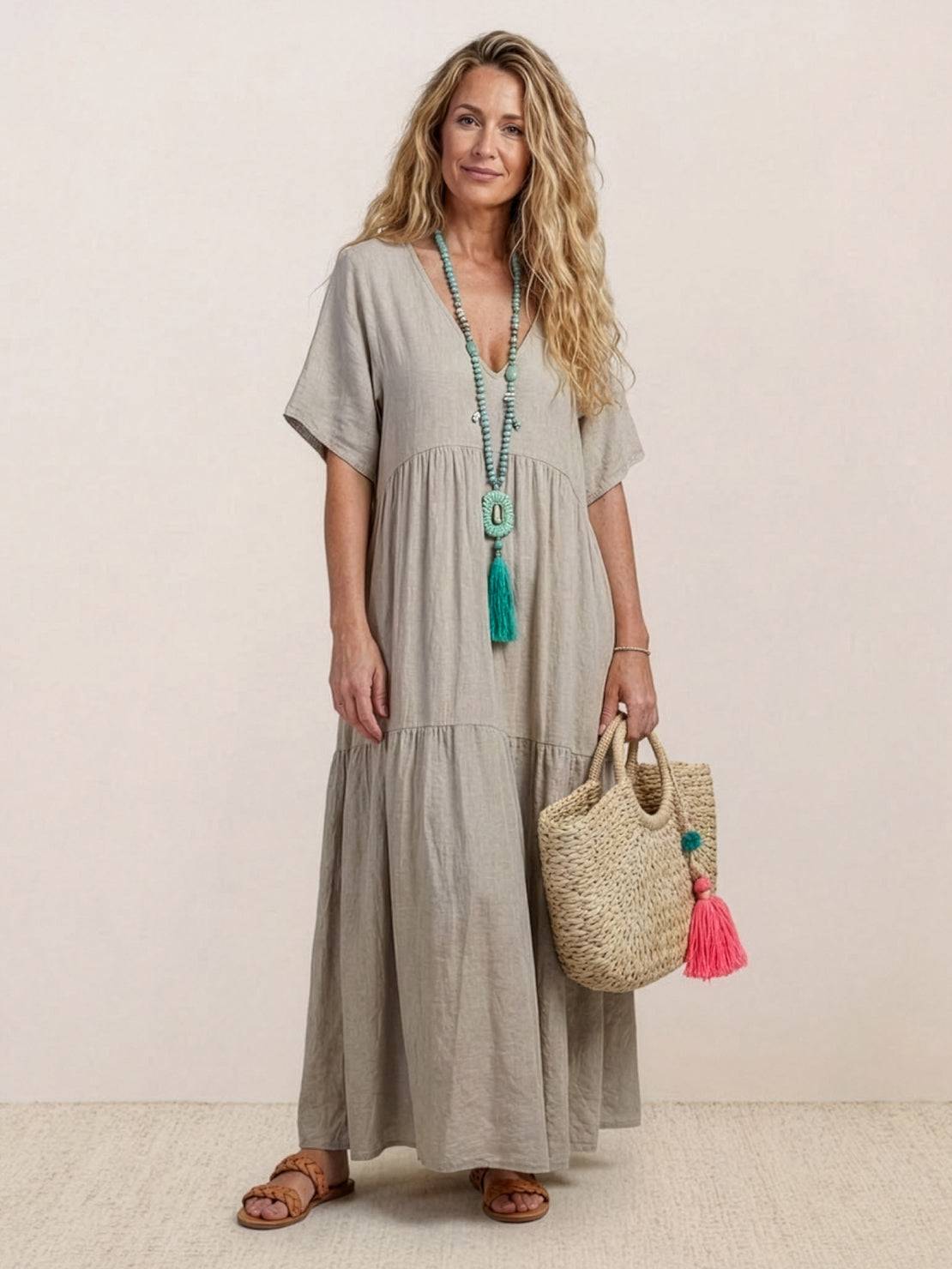 Althea – Vestido largo bohemio con escote en V y capas para mujer