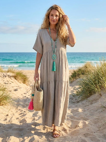 Althea – Vestido largo bohemio con escote en V y capas para mujer