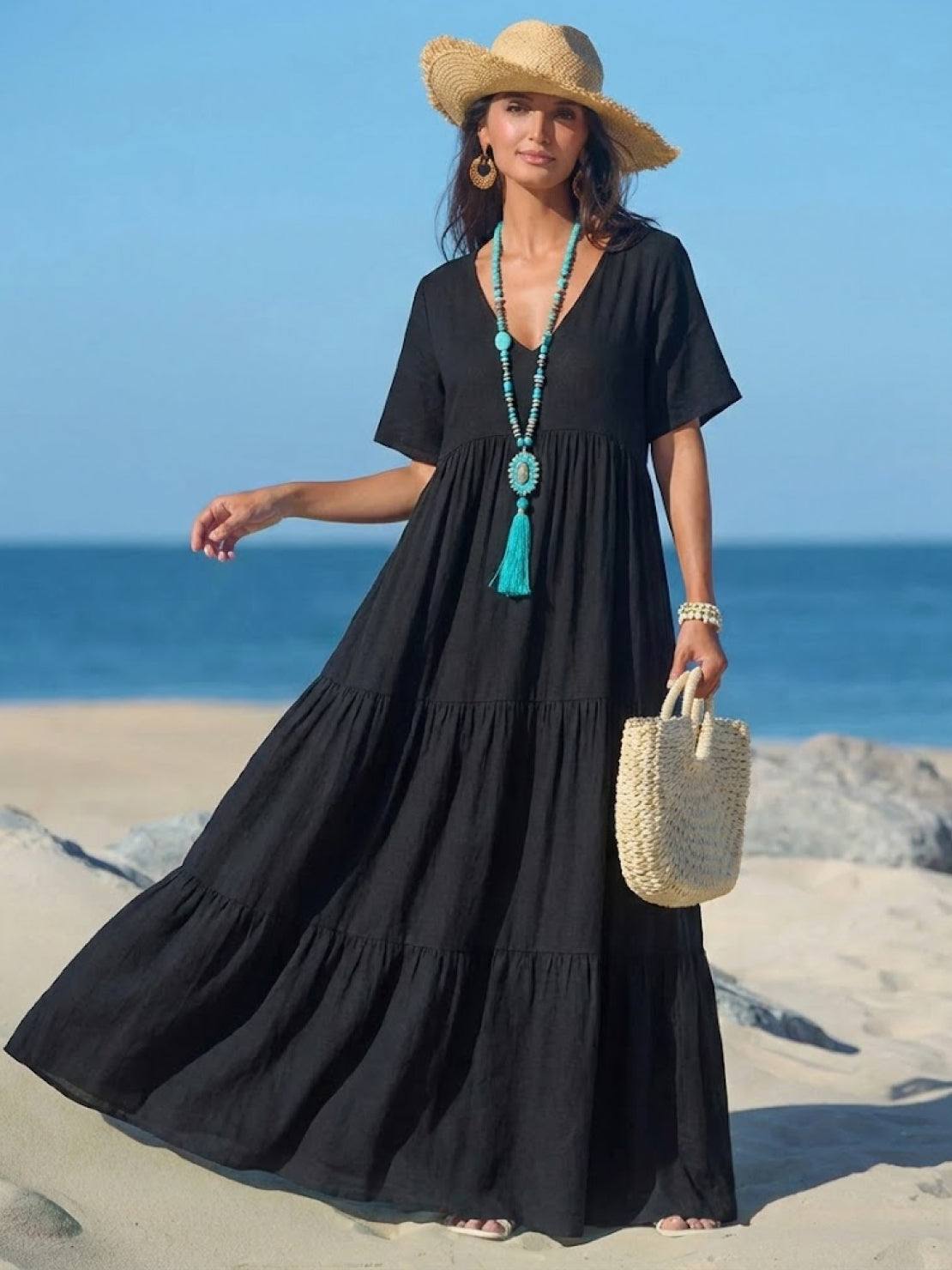 Althea – Vestido largo bohemio con escote en V y capas para mujer