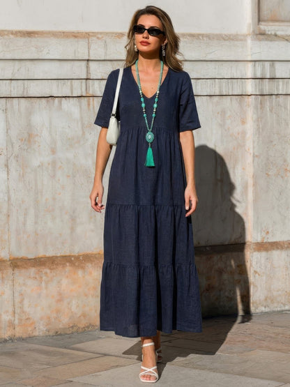 Althea – Vestido largo bohemio con escote en V y capas para mujer