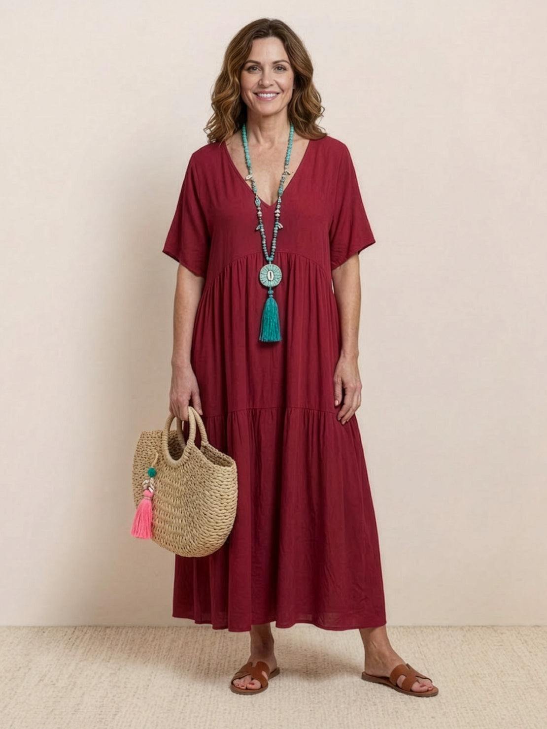 Althea – Vestido largo bohemio con escote en V y capas para mujer