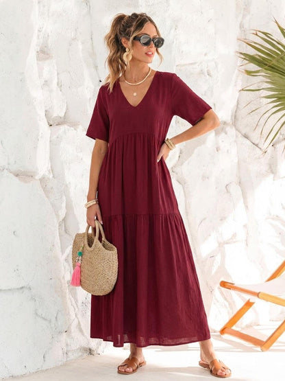 Althea – Vestido largo bohemio con escote en V y capas para mujer
