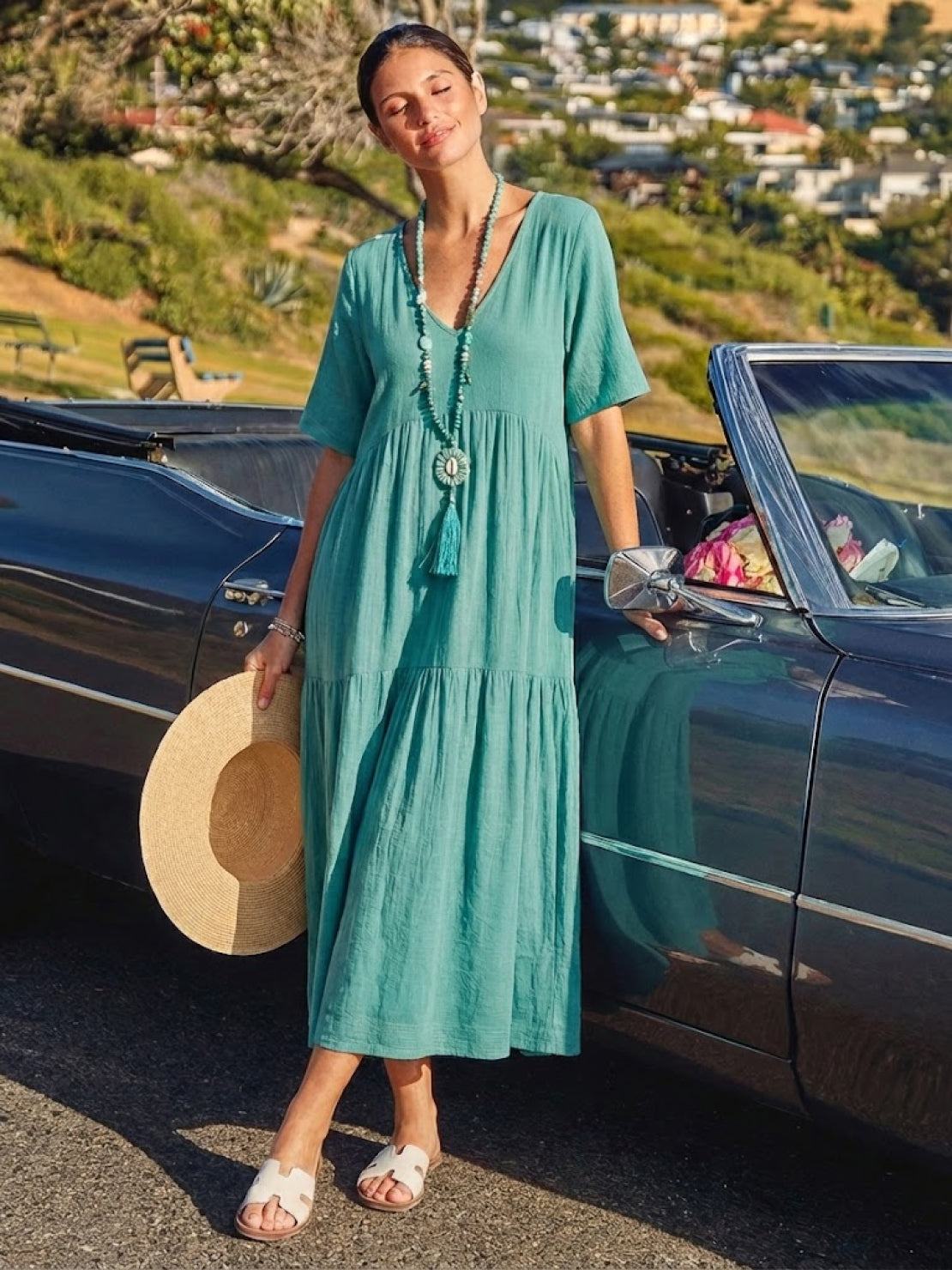 Althea – Vestido largo bohemio con escote en V y capas para mujer