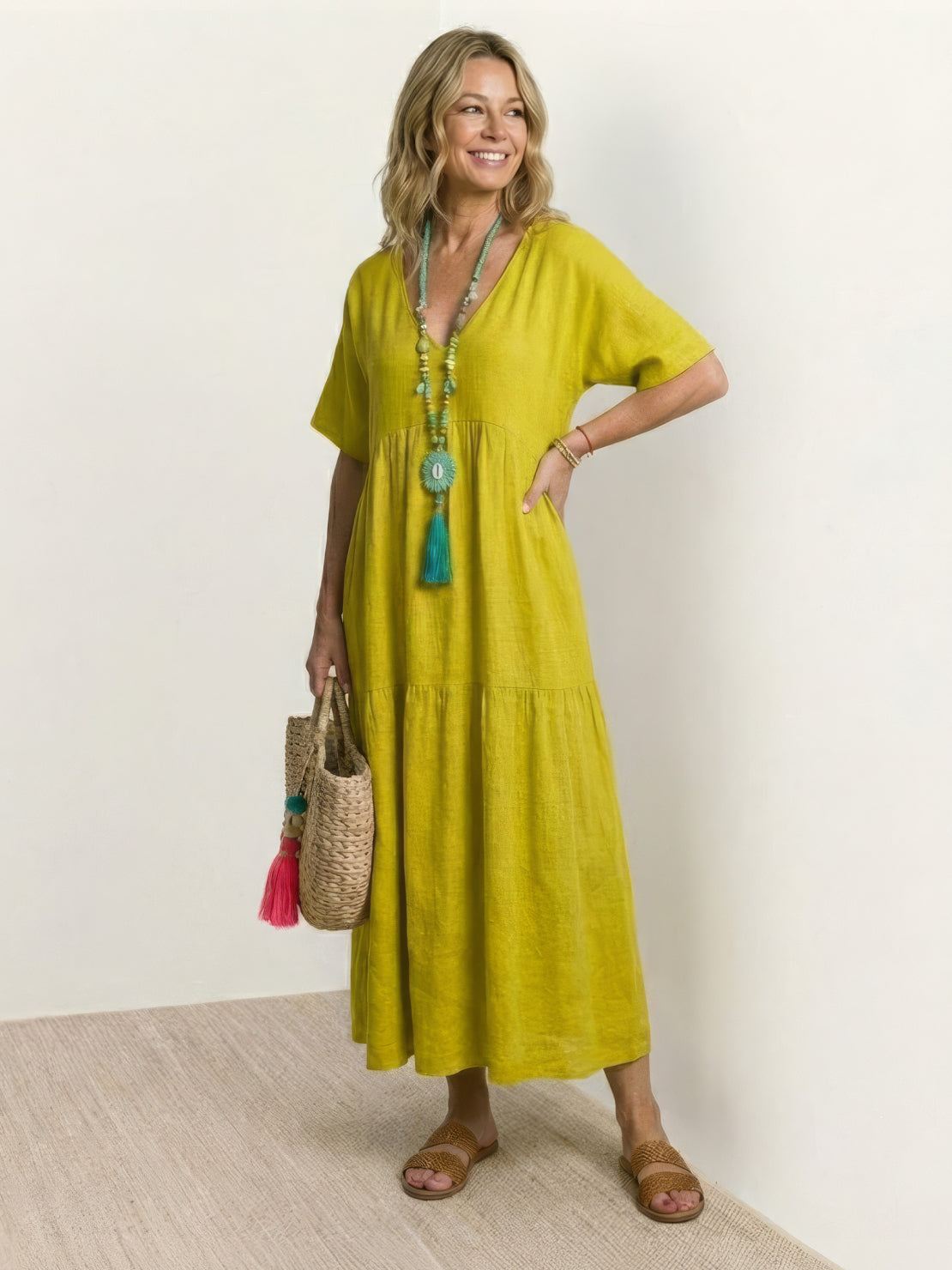Althea – Vestido largo bohemio con escote en V y capas para mujer