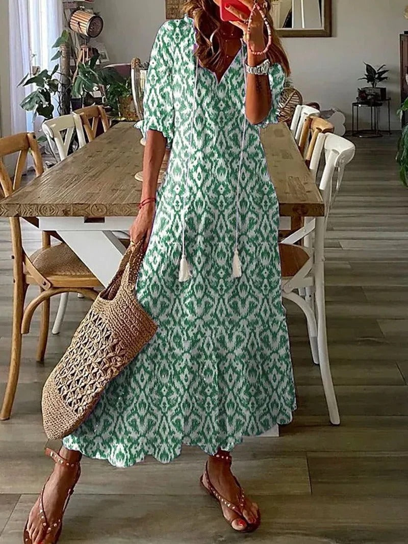 Vestido largo floral con cuello camisero y lazo en la cintura – FLORA LÉNA