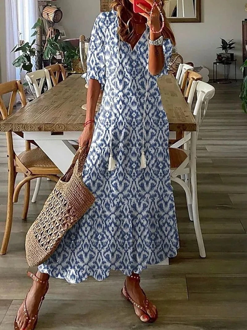 Vestido largo floral con cuello camisero y lazo en la cintura – FLORA LÉNA
