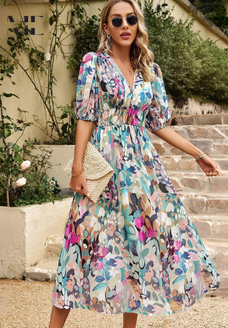 Florelle – Vestido midi floral con escote en V para invitada de boda