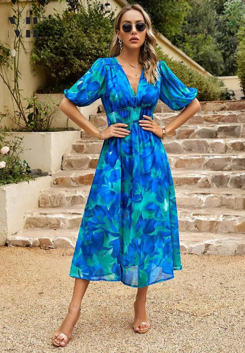 Florelle – Vestido midi floral con escote en V para invitada de boda