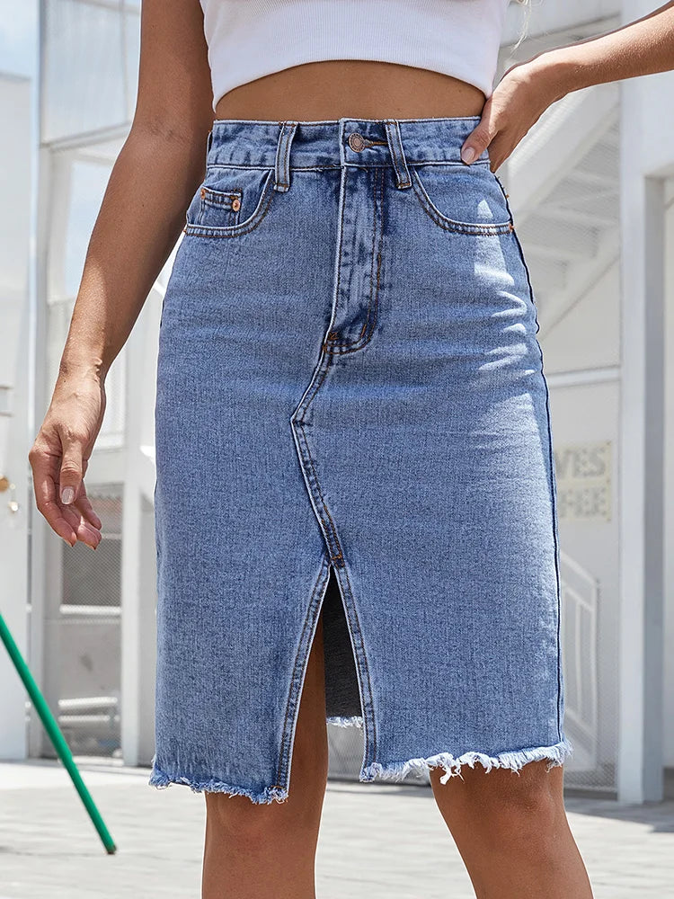 Selvara – Falda midi de talle alto con abertura frontal para mujer