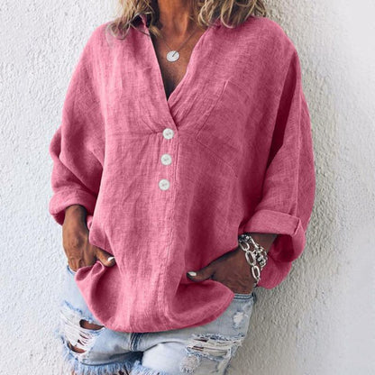 AMANDA – Blusa de lino con botones, escote en V y mangas largas ajustables para mujer
