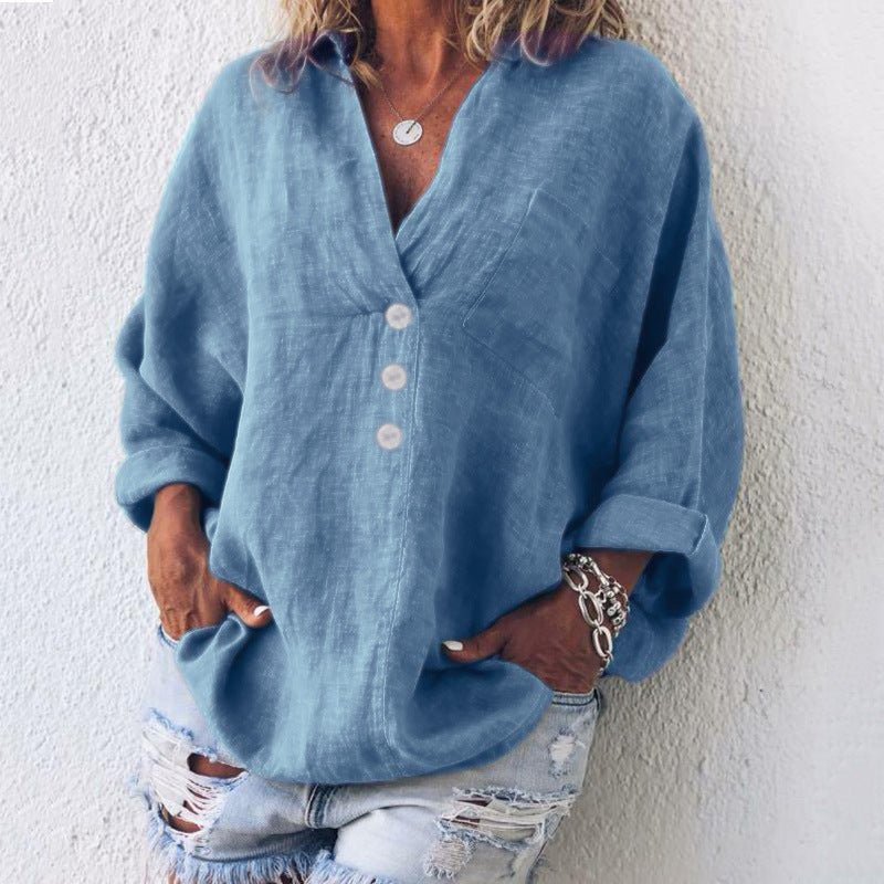 AMANDA – Blusa de lino con botones, escote en V y mangas largas ajustables para mujer