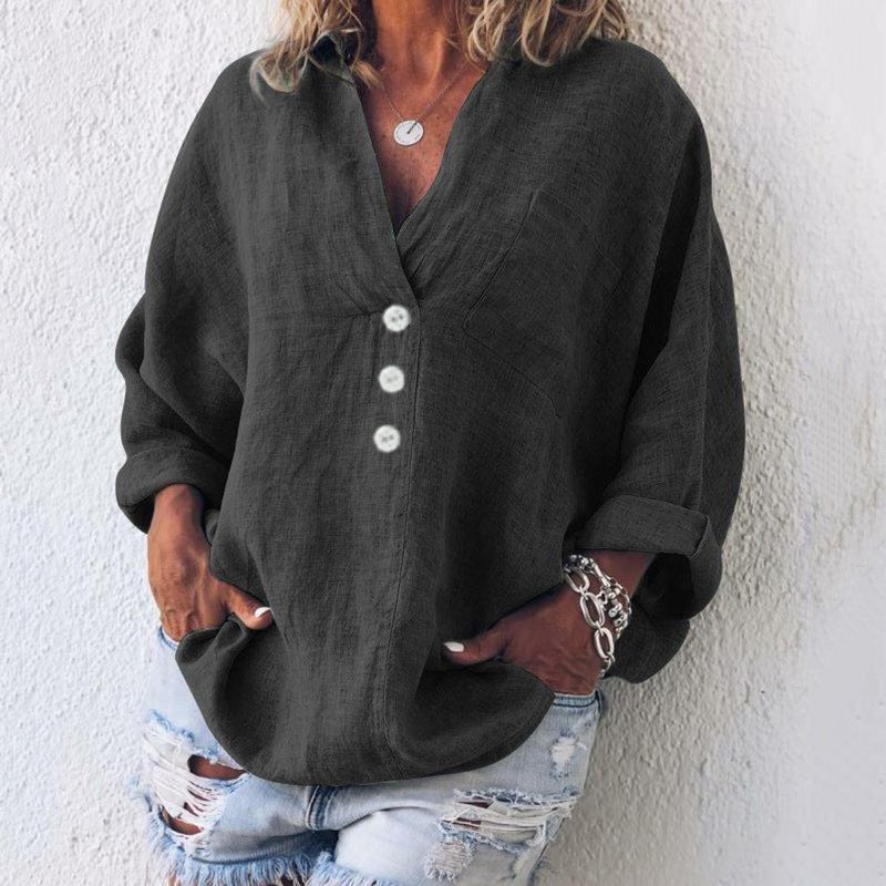 AMANDA – Blusa de lino con botones, escote en V y mangas largas ajustables para mujer