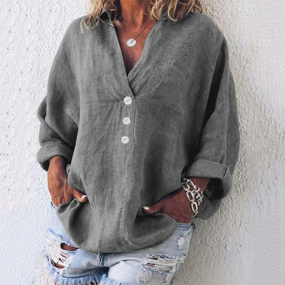 AMANDA – Blusa de lino con botones, escote en V y mangas largas ajustables para mujer