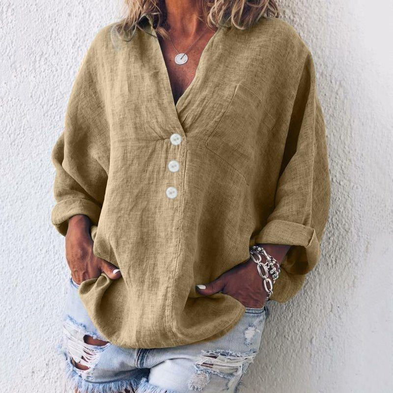 MARÍA – Blusa de lino con botones, escote en V y mangas largas con vuelta para mujer