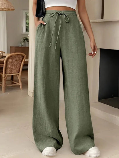 SOFÍA – Pantalones anchos de lino de talle alto con cordón ajustable para mujer