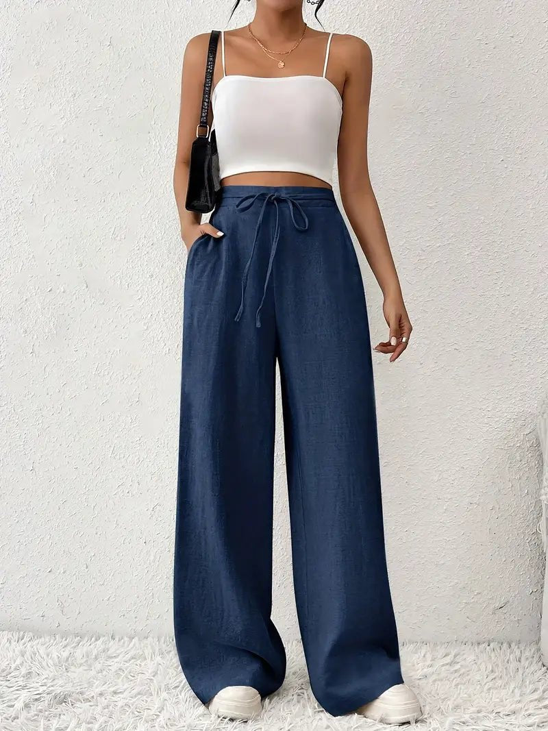 CARLA – Pantalones anchos de lino de talle alto con cordón ajustable para mujer